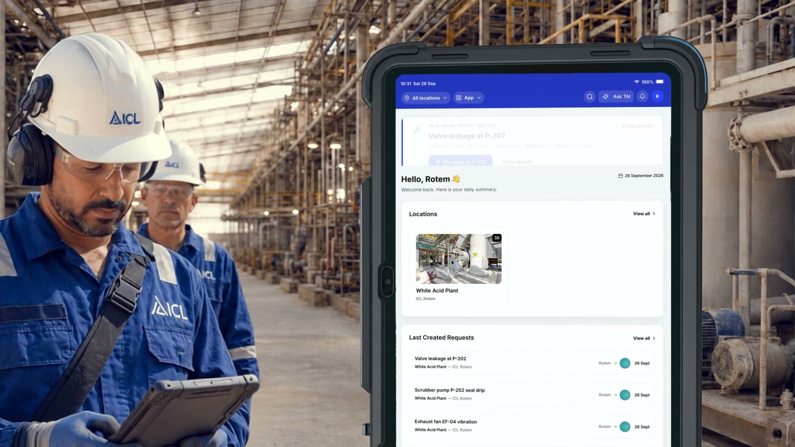 ICL technician working from a tablet at the White Acid & MAP Plant