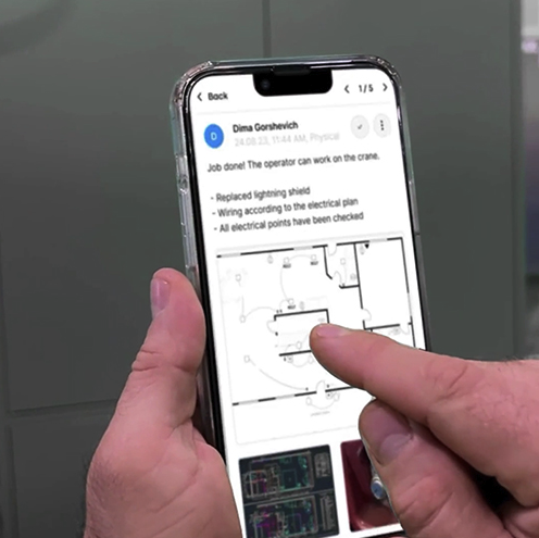 Treedis Connected Worker app in use for crane maintenance on the plant floor